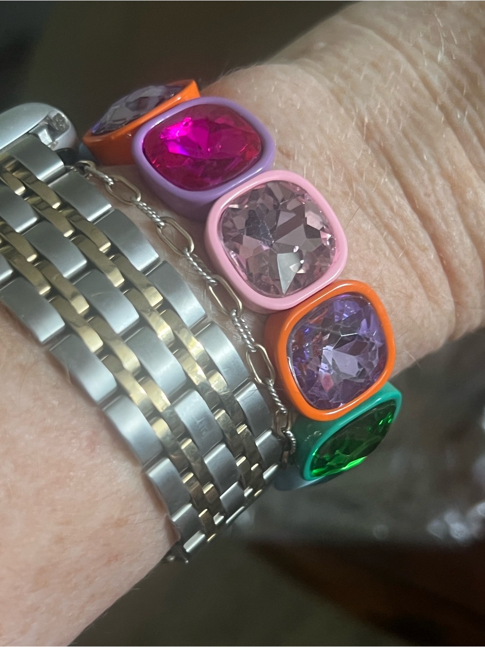 Multicolor Gem Stretch Bracelet - Pink, Green, Orange, Blue - Picture 6 of 6